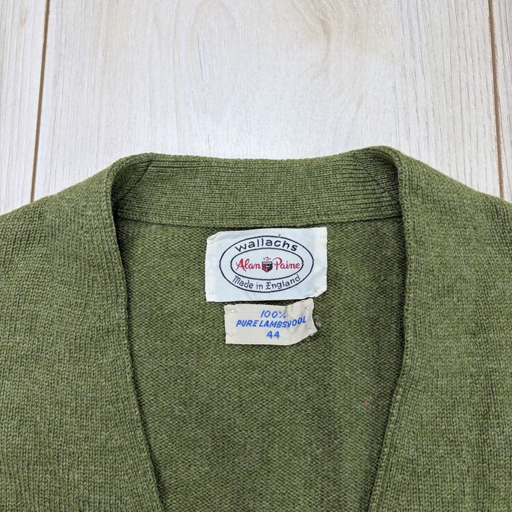 Alan Paine Pure Lambswool Knit Cardigan Mens Size 44 Green Vintage England Made - Picture 3 of 6